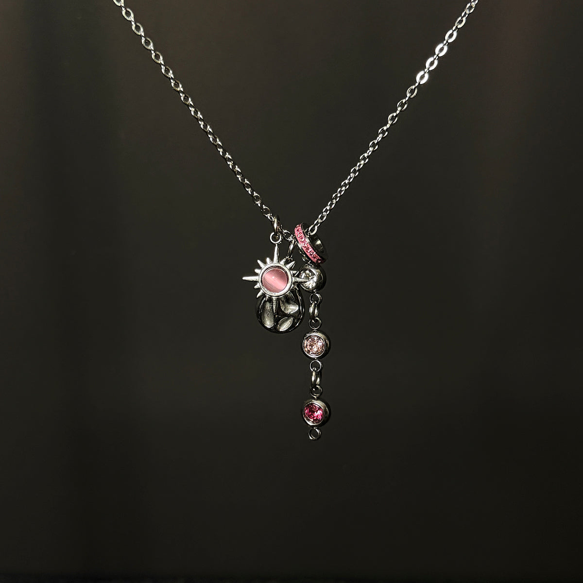 Silver and Pink Cluster Necklace